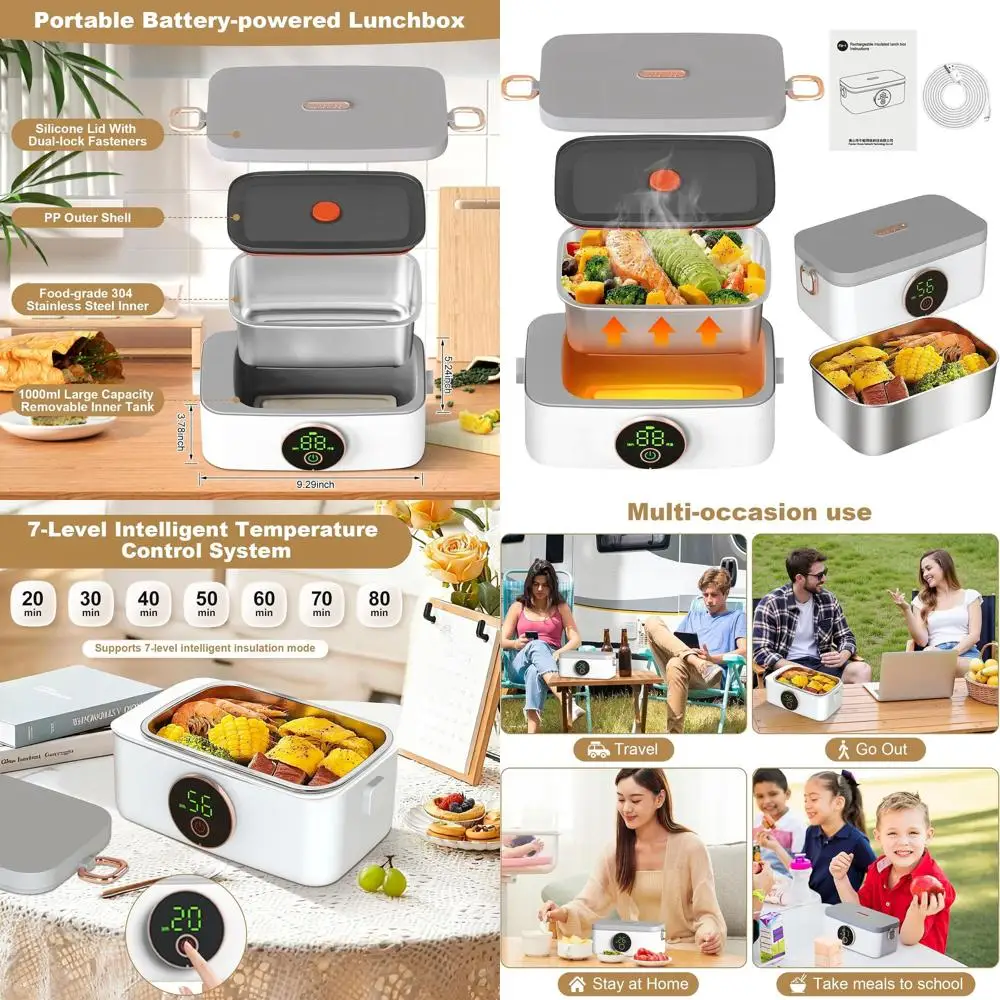 

Adults 1L Self-Heating Electric Lunch Box - Portable Battery-Powered Food Warmer for Office, Car, Travel, Party, Camping - 158°F