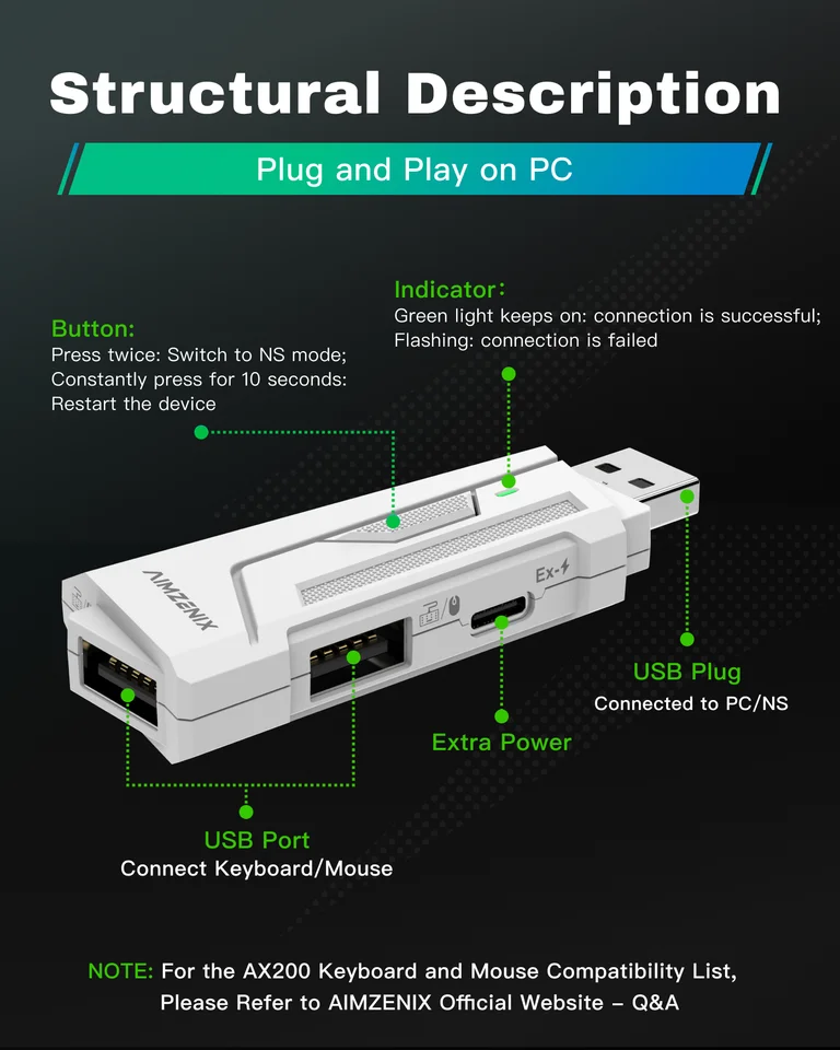 Aimzenix AX200 PC Gaming K&M Adapter, Smart Rocker Macro, App