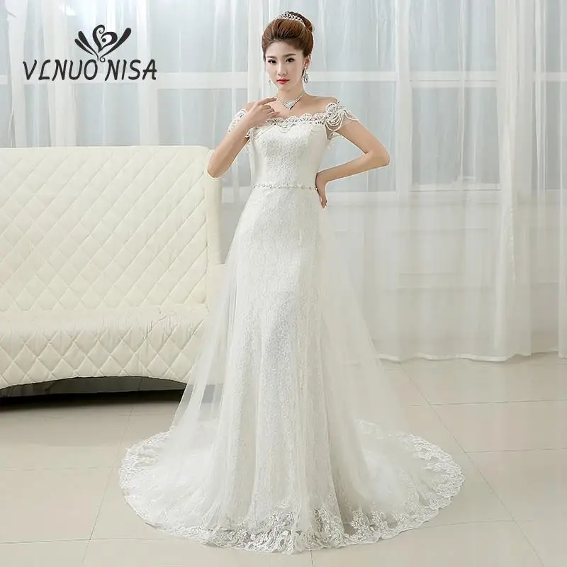 

Real Short Sleeves Boat-neck Sweet Luxury Lace Appliques Mermaid Wedding Dress 2023 For Vestido De Noiva With Train Plus Size