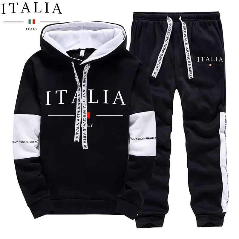 Autumn Winter Men's Tracksuit Casual Hooded Sweatshirts Outdoors Sports Jogging Clothing Classic Black White Single Hoodie Pants