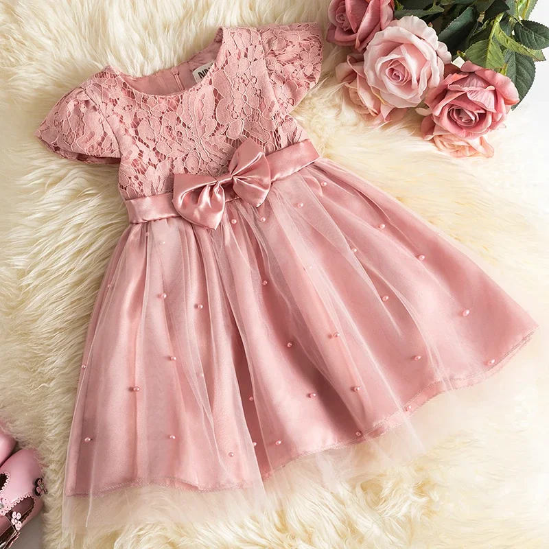 Baby Girl Birthday Bow Fluffy Dress 12M Infant Pink Sequin Baptism Tutu Gown Flower Girl Wedding Costume Kid Puff Sleeve Clothes