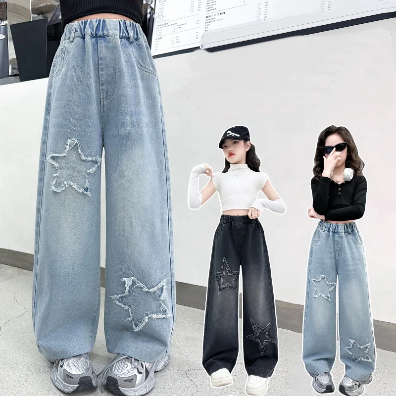 

Hot Sale Teens School Children Trousers Spring Star Design Casual Loose Jeans for Girl Elastic Waist Fashion Kids Straight Pants