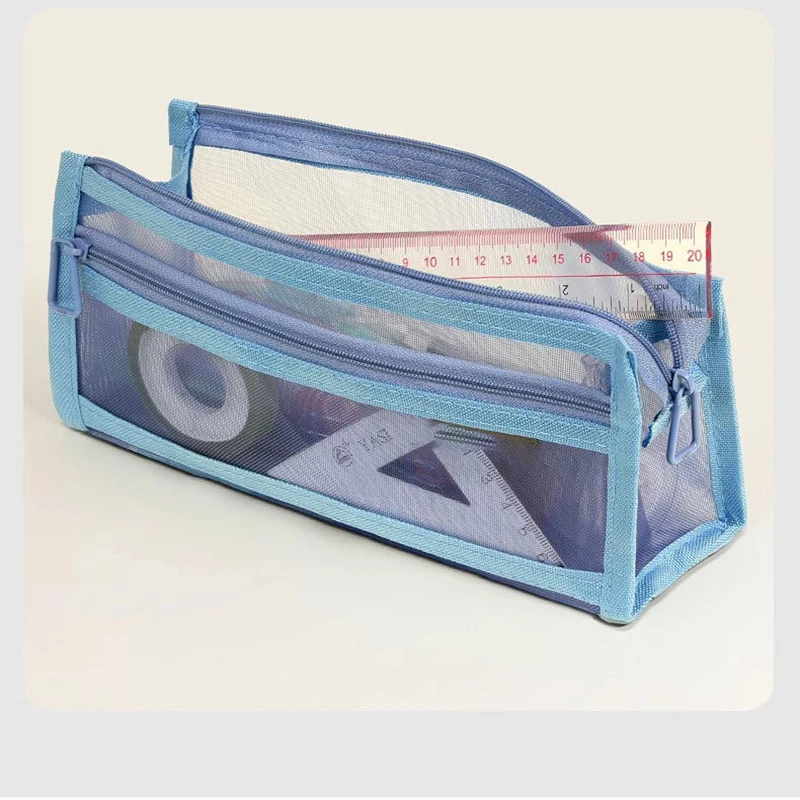 Transparentes Mesh-Federmäppchen. Prüfungsspezifische Schreibwarentasche. Federmäppchen. Doppelschichtige Schreibwarenbox mit großem Fassungsvermögen