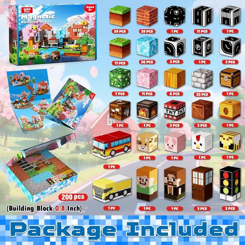 مكعبات بناء مغناطيسية بموضوع الغابة مقاس 0.8 بوصة - 200 قطعة ألعاب جذعية للأطفال، مثالية للأعمار من 3 سنوات فما فوق، رائعة للمدرسة وهدية عيد الميلاد