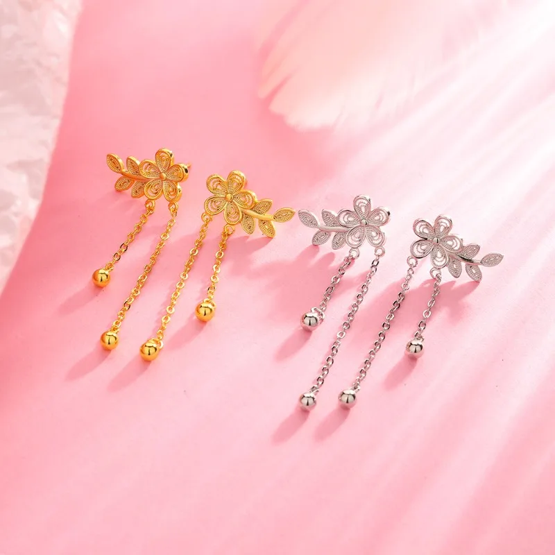 Fashion Korea Cute Peach Blossom Tassel Earrings Women Everyday Accessories Party Leaf Earrings 925 Sterling Silver Jewelry Gift