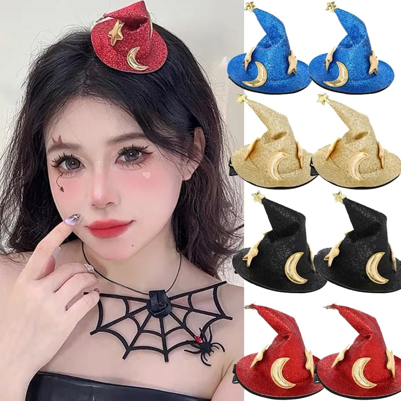 Halloween Witch Hat Hair Clip Mini Star Moon Witch Cap Hairpins Headdress Women Party Costume Ornaments Headwear Party Supplies