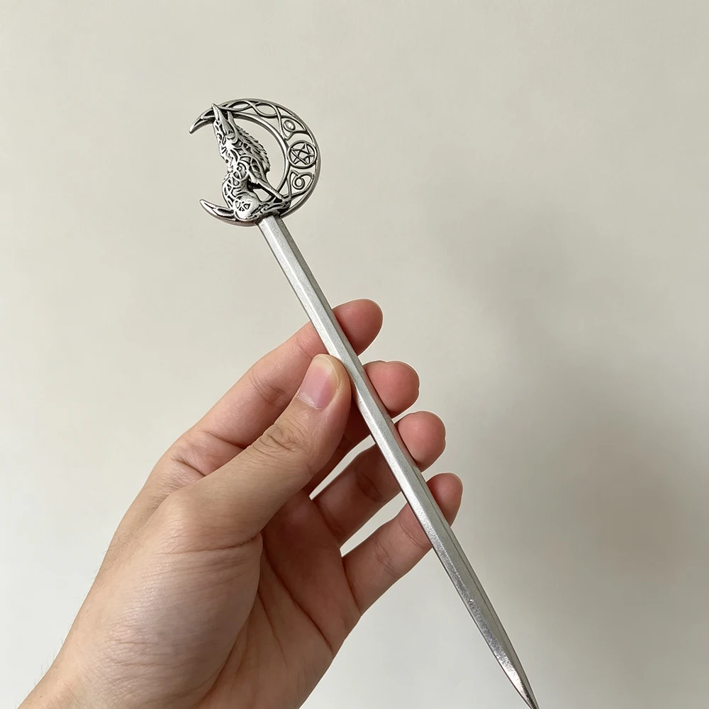 Vintage Silver Wolf Crescent Moon Hair Stick Witchy Hairpin Gothic Wicca Hair Fork Halloween Hairstyle Accessories for Women