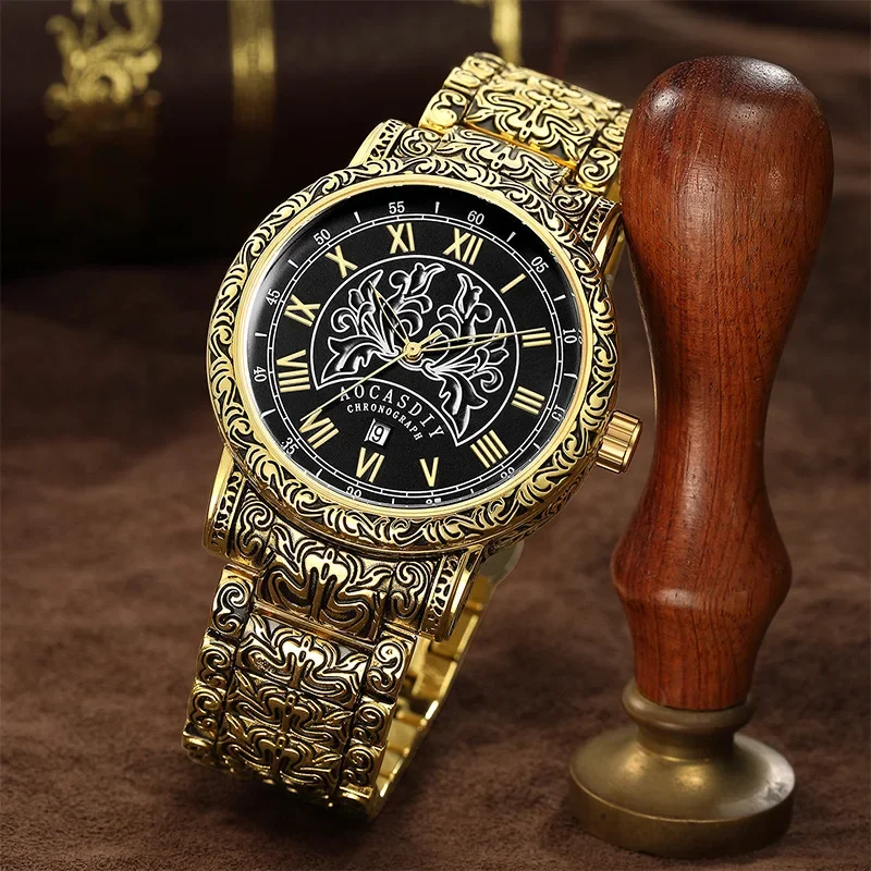 

Fashion Vintage Men's Carved Quartz Watches Waterproof Steel Band Watch ساعات يد رجالية Luxury Gold Wristwatch Gifts for Male