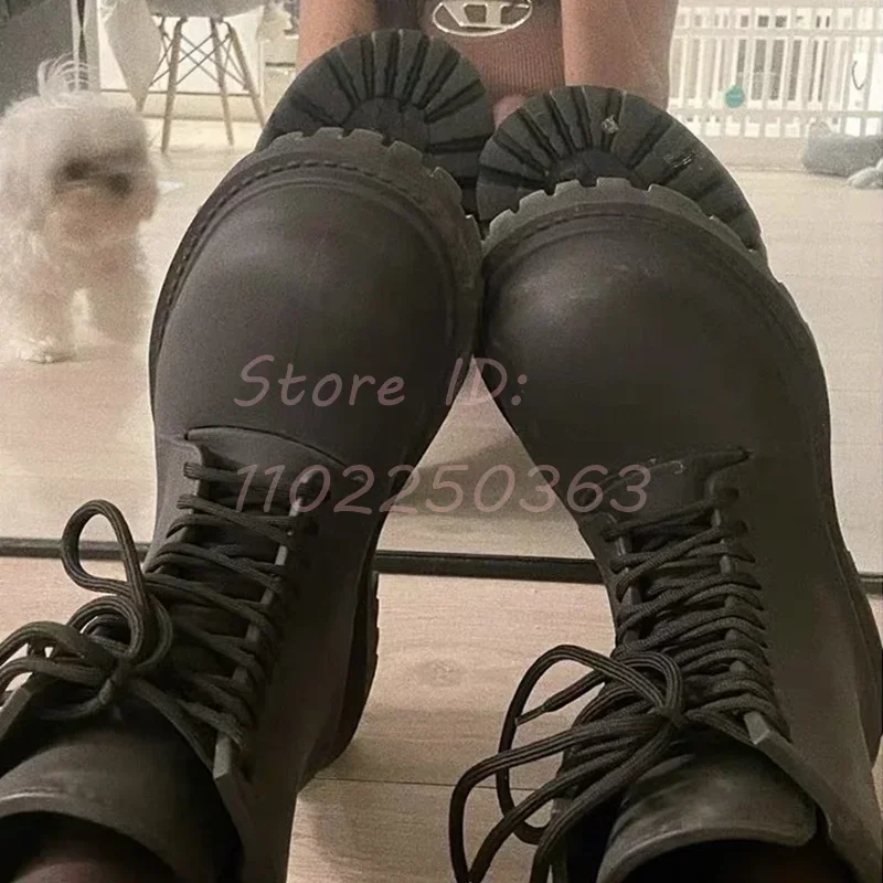 Black Matte Leather Thick-soled Work Boots Round Toe Cross-tied Mid-calf Boots 2024 new Men and Women Big Head Short Shoes