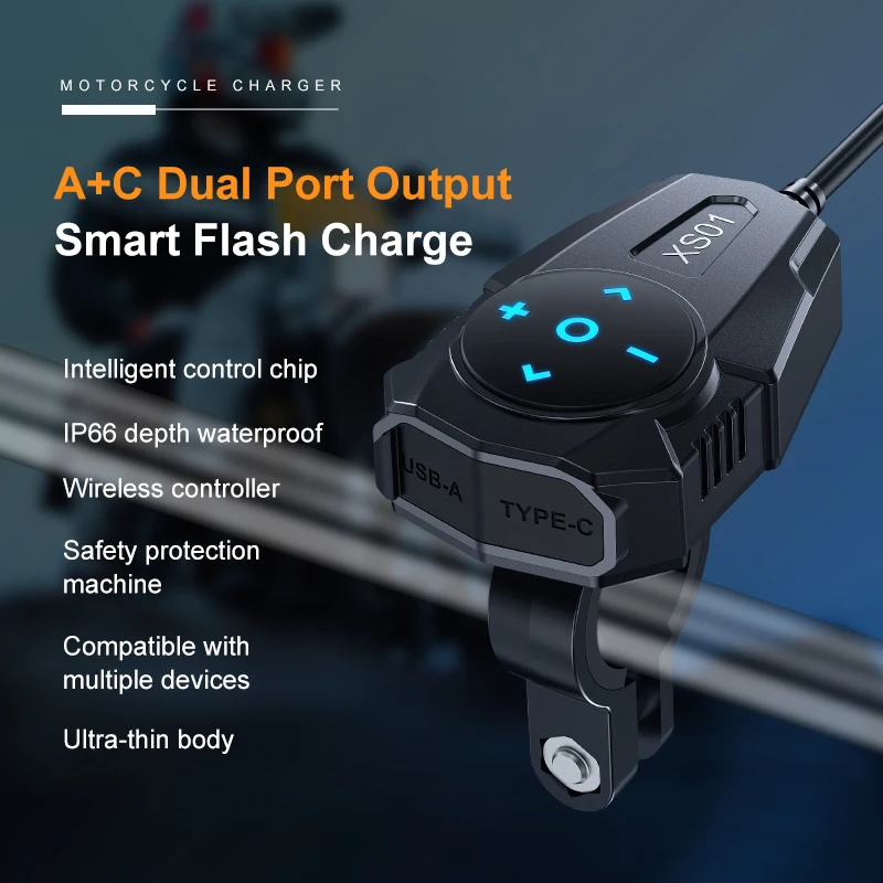 

54W Motorcycle Phone Charger Dual USB 30W Type C 24W USB-A Waterproof Motorcycle USB Charger with Touch Controller