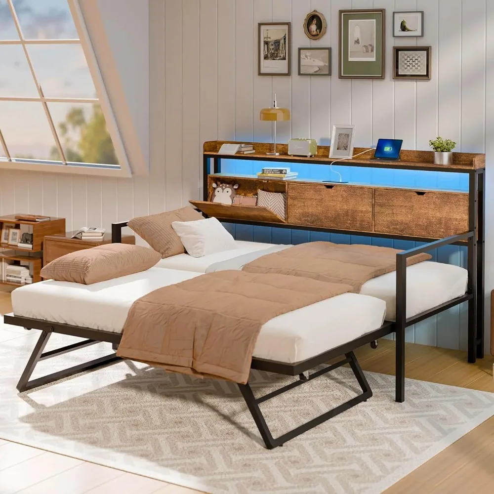 Twin Daybed with Pop Up Trundle and Storage Headboard, Heavy Duty Metal Twin Bed Frame with LED Lights & Charging Station