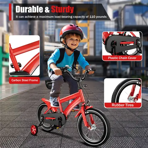 14Inch Children Bicycle Boys Girls Kids Bike Unisex with Safety Training Wheel 22" - 26.3" Applicable Height for 3-6 Years Old