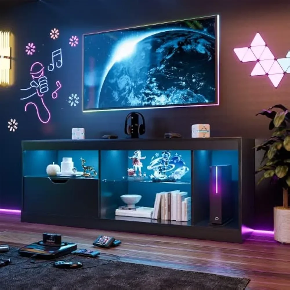 

Modern LED TV Stand for Televisions Up To 65+ Inch with Glass Shelves and Drawer, Gaming Entertainment Center