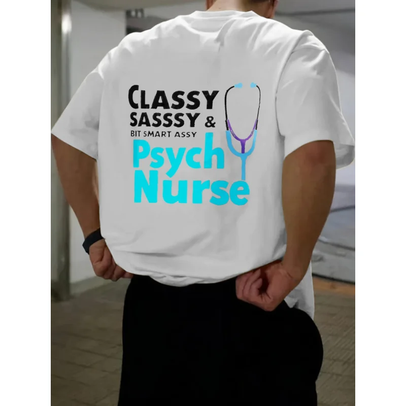 تي شيرت رجالي أبيض أنيق وقح وبيت سمارت آسى ممرضة نفسية مطبوعة نمط قطن 180 جرام جودة عالية