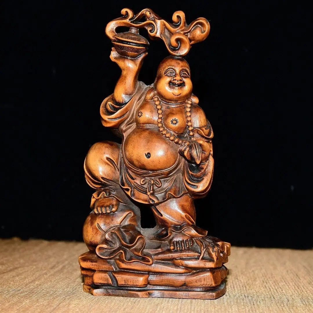 Hand Carved Wood Lucky bag maitreya buddha Statue Figurine Desktop Ornaments Home Decoration