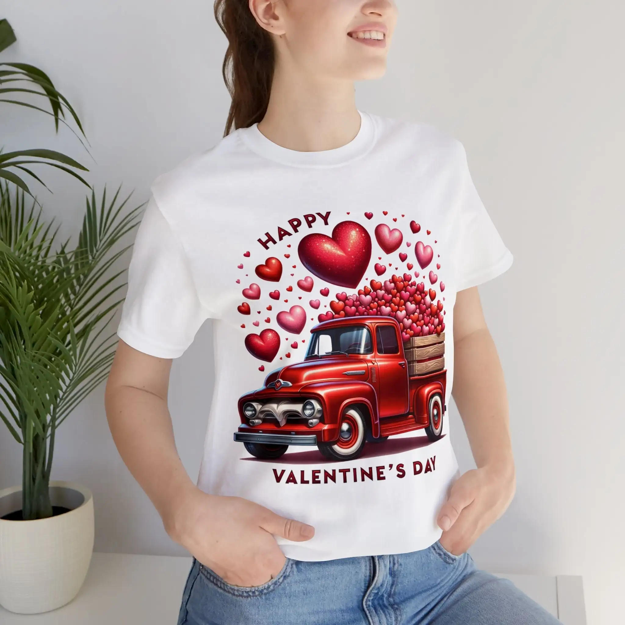 Red Valentine's Day Vintage Pickup Truck with Hearts T Shirt DTG Print Perfect for Men and Women Romantic Idea