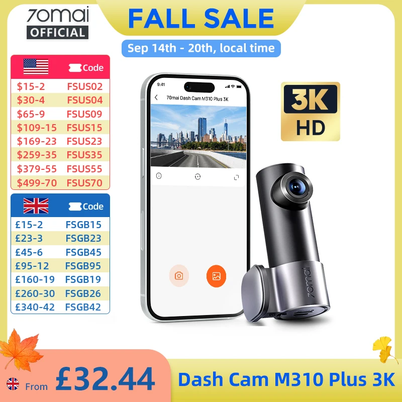 70mai Dash Cam M310 Plus 3K 1620P WDR hangvezérlés 139°FOV autós DVR 70mai M310 Plus 3K autós felvevő parkolásfigyelő