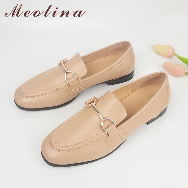 

Meotina Women Genuine Leather Loafers Round Toe Flats Metal Decoration Ladies Fashion Shoes Spring Summer Brown Apricot 41