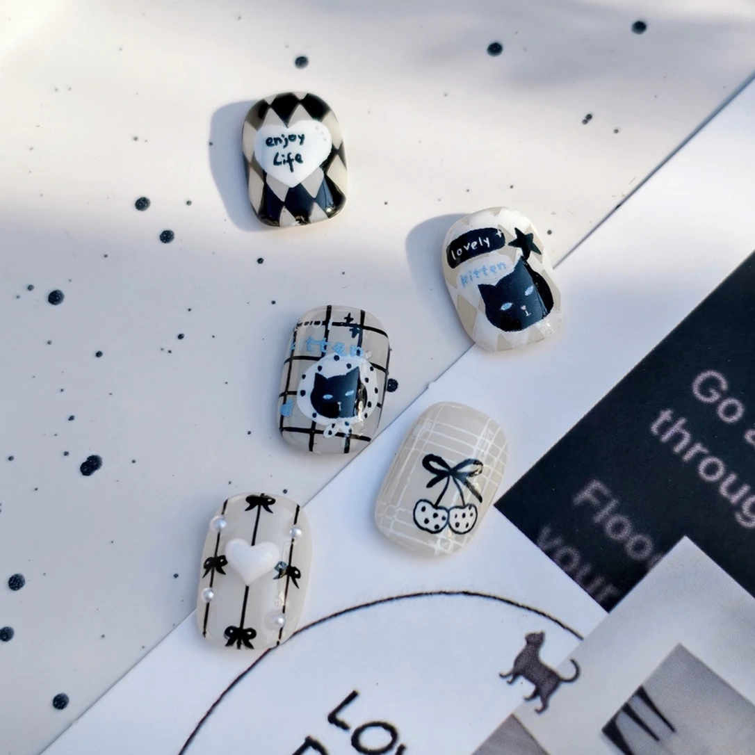 Lindo gato negro línea encaje Bowknot cereza Gird encantador romántico estrella Gird gatito autoadhesivo pegatinas para decoración de uñas calcomanías de manicura