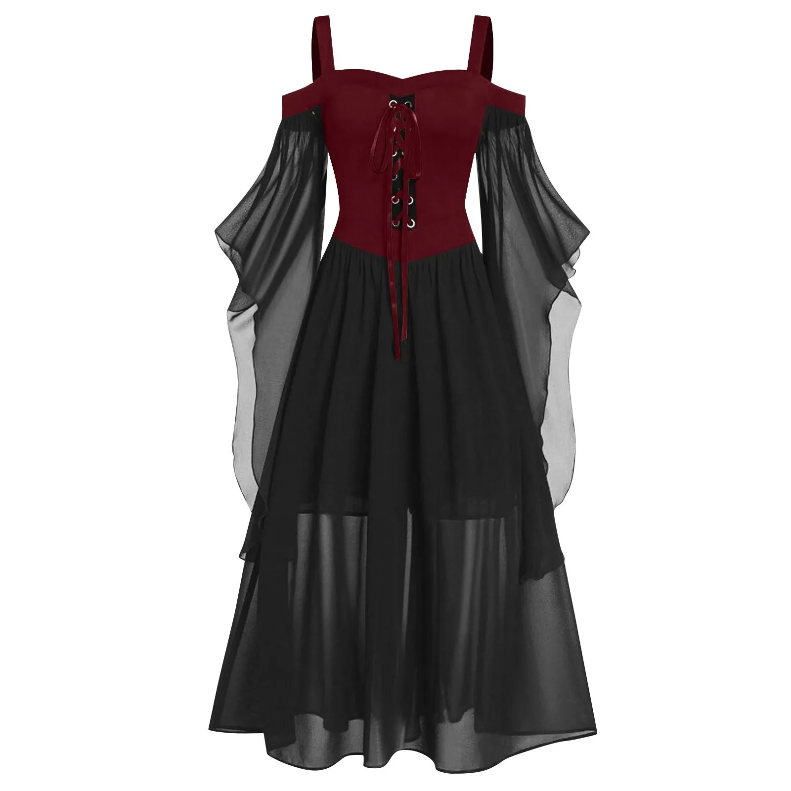 Damenmode Halloween Hexe Cosplay Kostüme Gothic Schulterfrei Schnürverband Mesh Sheer A-Linie Langes Kleid Partykleidung
