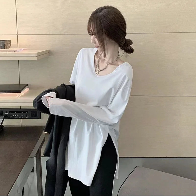 Temperamento em forma de u colarinho algodão camiseta fenda hem manga comprida comprimento médio topo feminino primavera outono solto sólido básico t