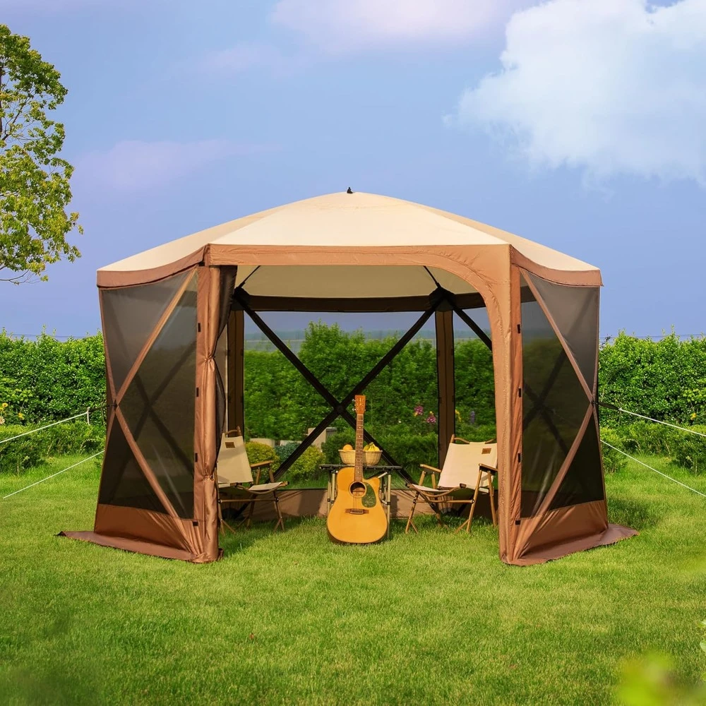 10x10ft 6 - sided Gazebo Screen Tent, Large Door & Wind Panels, Perfect for Backyard/Lawn/Camping