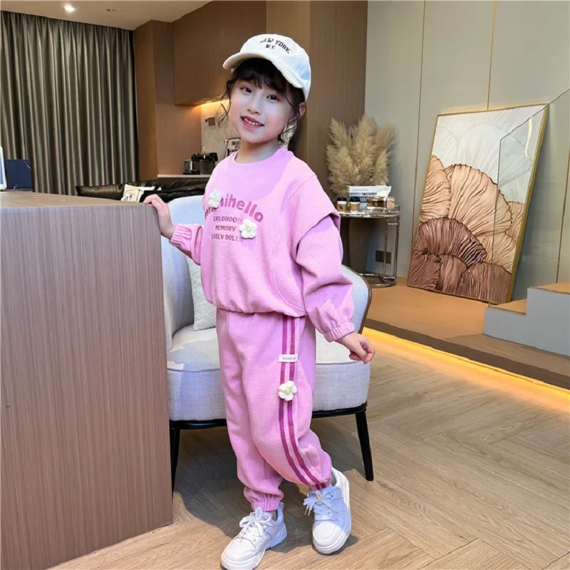 

Spring Autumn Girls Sweet Patchwork Cartoon Sweatshirt+Striped Sweatpant Set School Kids Tracksuit Child Jogger Outfit 3-14Years