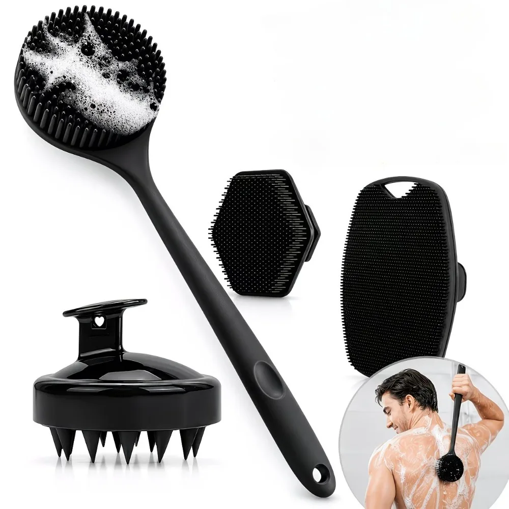 7/4/3-teiliges Dusch-Körperpflege-Set mit Langgriff-Silikonbürste, Kopfhautmassagegerät, Peeling-Gesichtsroller und Gua Sha Massage-Werkzeugen