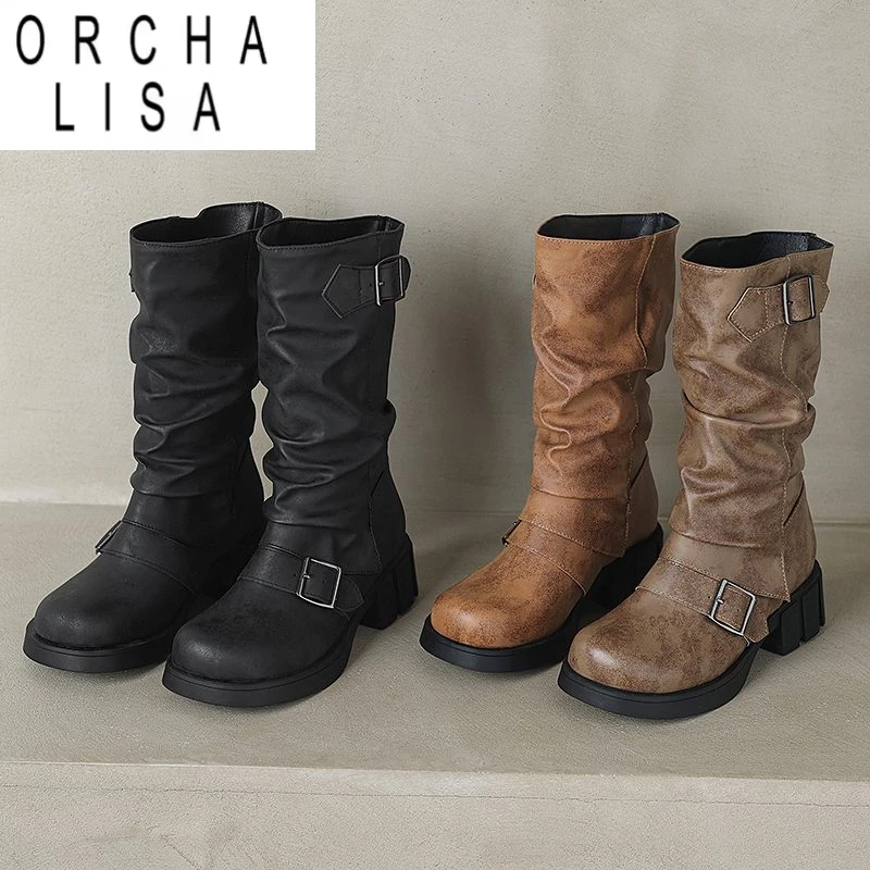 

ORCHA LISA Винтажные женские сапоги до середины икры с круглым носком на толстом каблуке 4,5 см, плиссированные слипоны, большой размер 42, 43 для отдыха, на каждый день