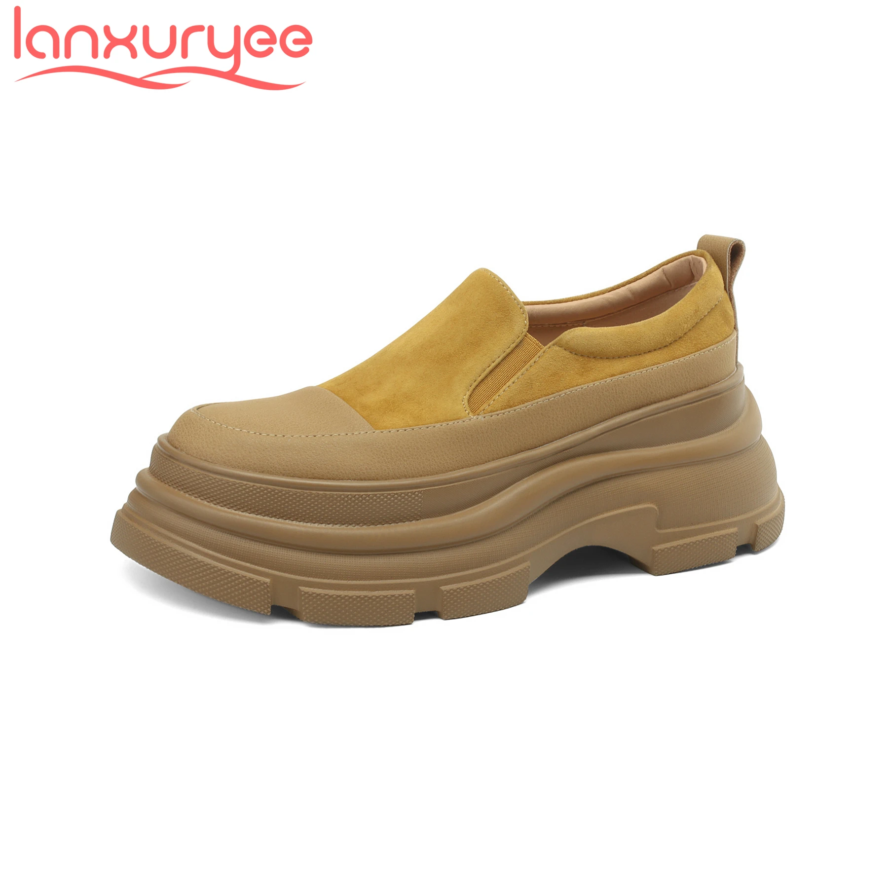 Lanxuryee Cow Leather High Heels Platform Leisure Spring Women Vulcanized Shoes Increasing Loafers Preppy Style Brand Sneakers