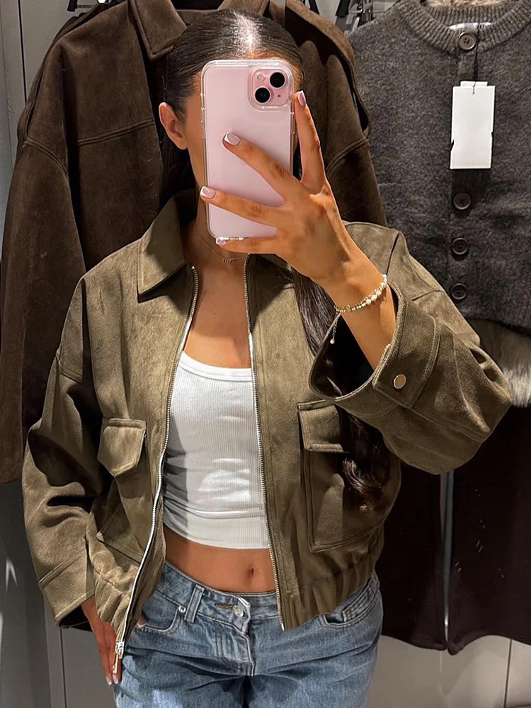 HH femme hiver élégant col rabattu solide veste femmes à manches longues poche décorer fermeture éclair décontracté daim Texture manteau ample