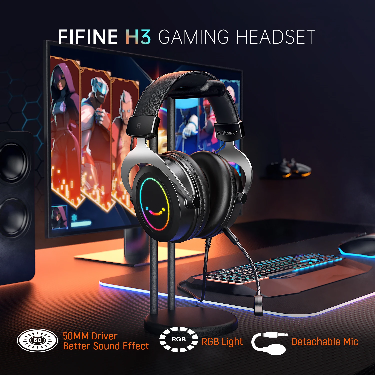 FIFINE 게임용 RGB 헤드셋, 라인 제어, 분리형 마이크, PC,PS4, 5, 스위치, Xbox, 모바일용, 3.5mm 오버이어 헤드폰, AMPLIGAME H3