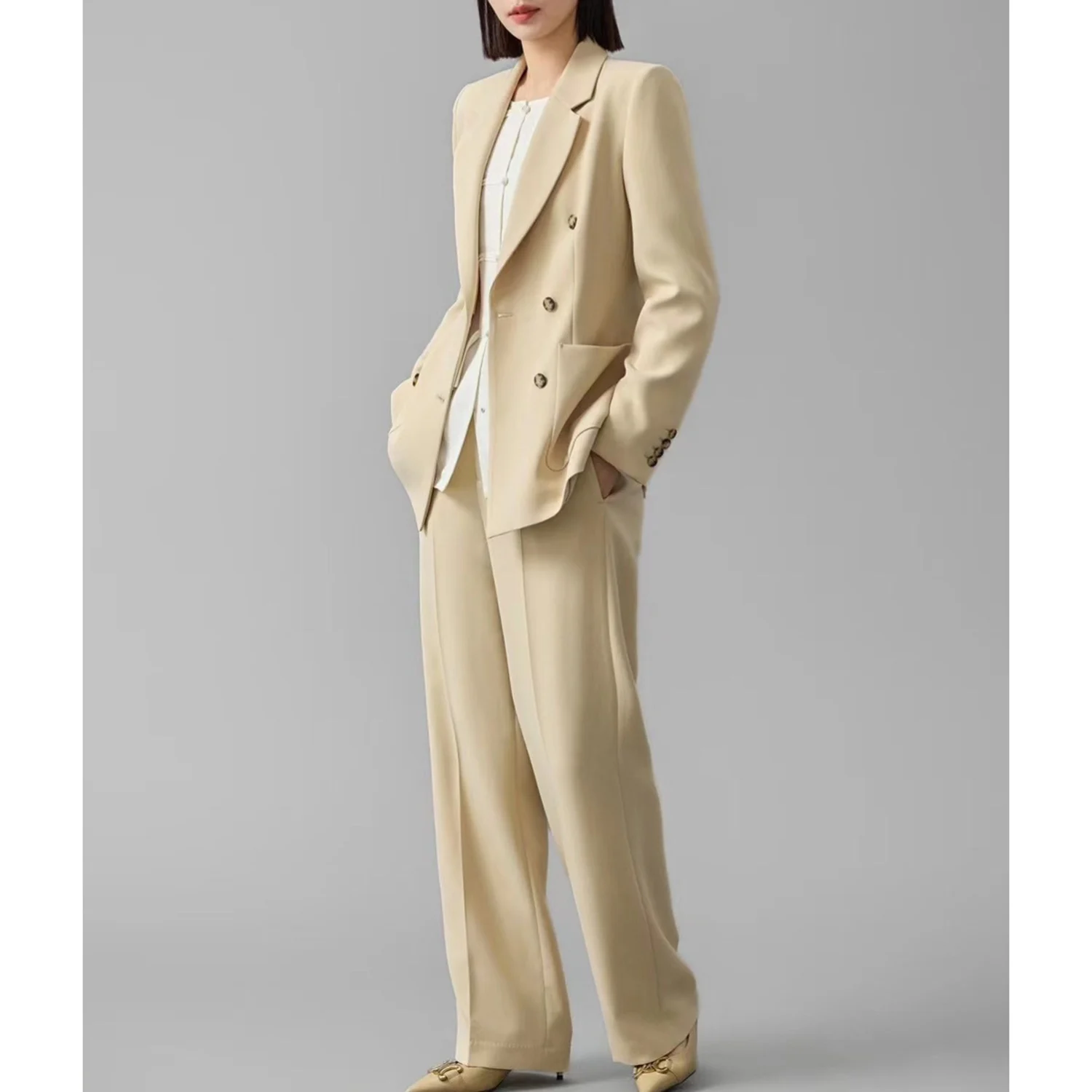 

Allingentle Women's 2 Piece Set Double-Breasted Blazer Pantsuit Elegant Outfits for Business Casual Customize