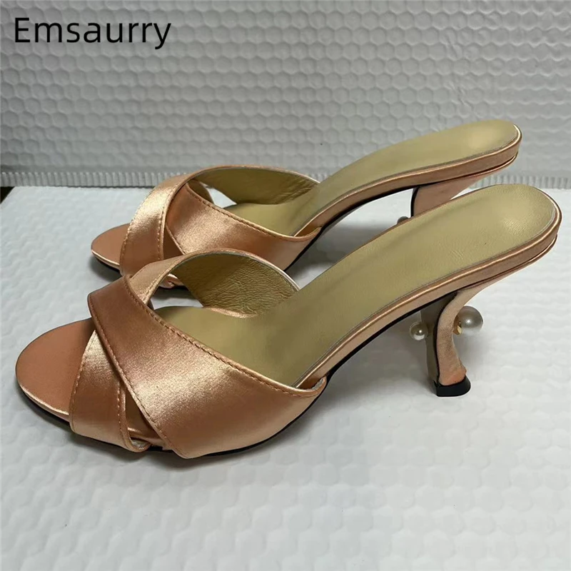 Luxury Satin Cross Band Sandals Women Unique Pearl Decor Kitten Heel Slingbacks Summer Mules For Girls