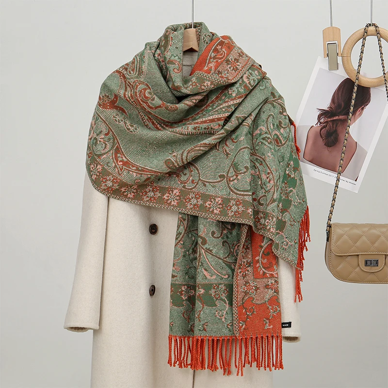 Winter Warm Thick Ethnic Style Jacquard Scarf Outdoor Women Travel Paisley Cashmere Tassel Shawl Neck Wrap Pashmina Floral