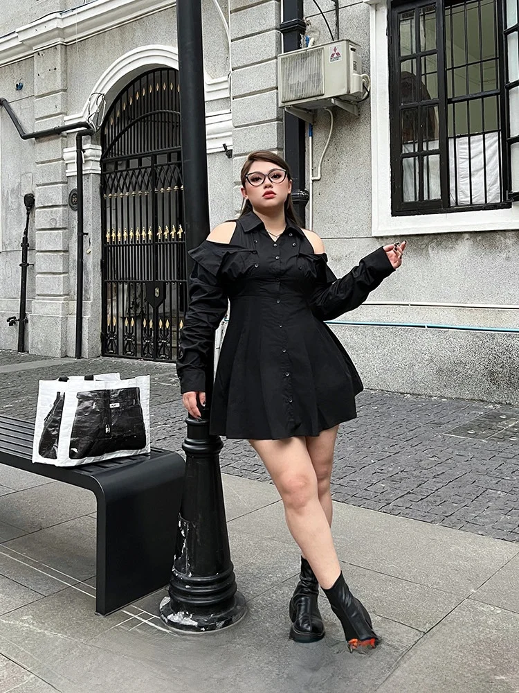 

SOUL Bla Butler plus Size Long Sve oulder Bared High Waist Dr Street Sle Autumn Winter V Ne Regular Length