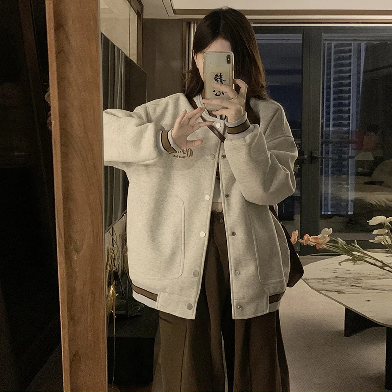 

Baseball Jackets Light Blue Womens Spring Zippers Safari Sherpa Velvet Heavy-Duty Minimalist Adjustable Buttons Hooded Preppy OL