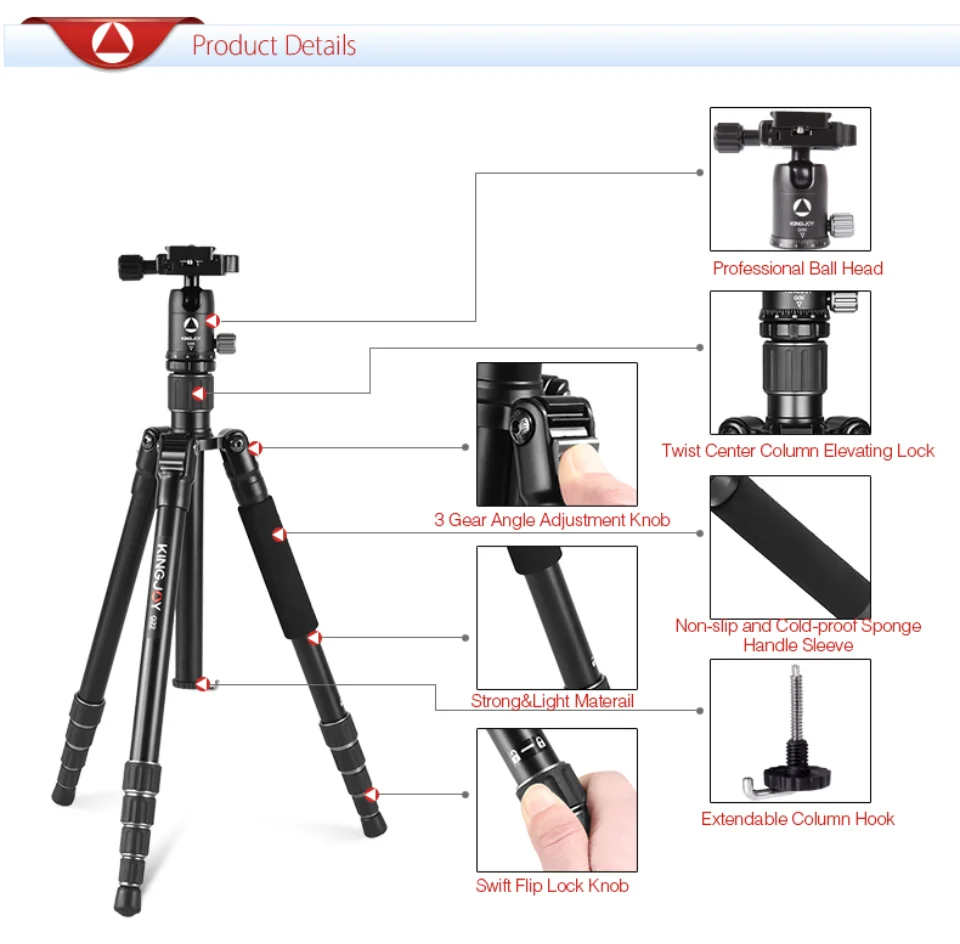 KINGJOY Tripod kamera 5 bagian, Camcorder ponsel portabel aluminium, dudukan ringan, Tripod kamera dengan beban 10KG, kit kepala bola