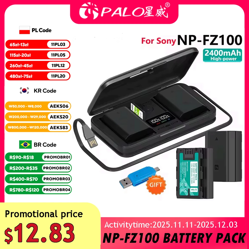 PALO NP FZ100 NPFZ100 NP-FZ100 Batteria + LCD Caricatore Doppio USB per Sony Alpha A7III A7R III A9 Alpha 9 A7R3 A6600 BC-QZ1 Batteria