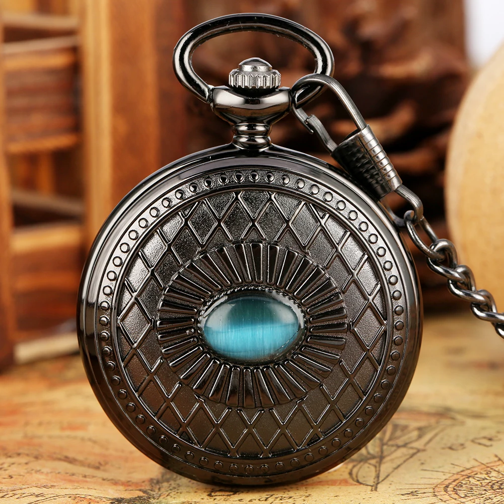 Vintage Pocket Watch Hand Winding Mechanical Roman Numerals Dial Blue Eye Pattern Fob Chain Pendant Pocket Clock Gift Men