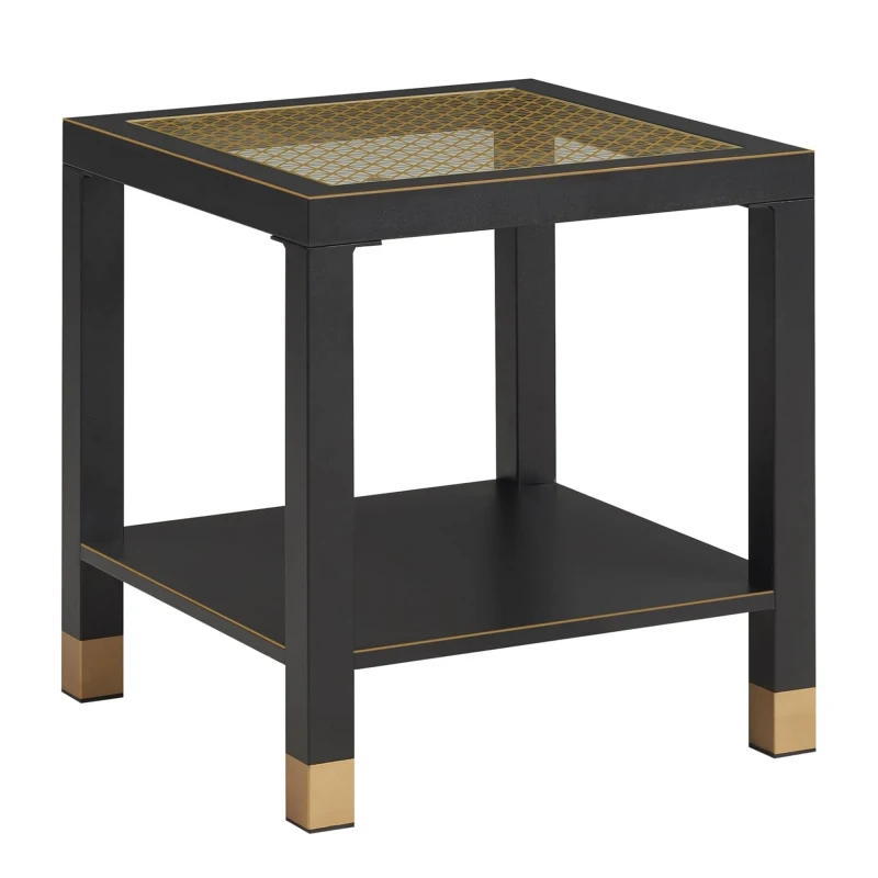Square Side Table with Shelf, Boho Style Side Table for Living Room, Tempered Glass End Table with Metal Frame, Nightstand fo view 4
