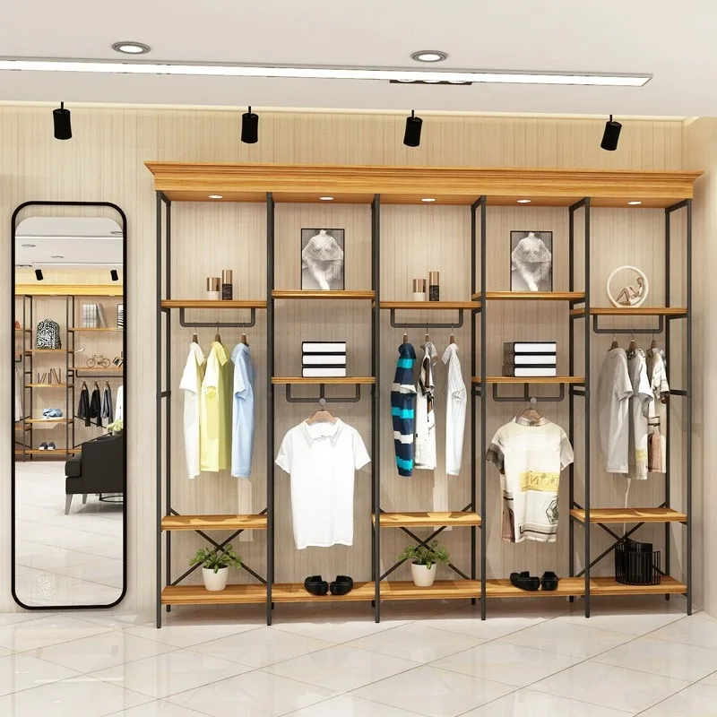 custom.Solid Wood Vintage Clothing Display Rack High-End Metallic Shopping Mall Men's Shelves Display Floor Hanging Design