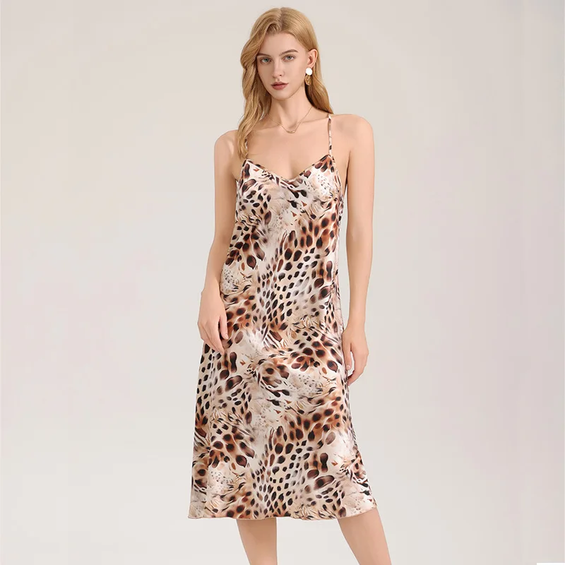 

Sexy Leopard Print Satin Chiffon Nightgown for Women - Summer V-Neck Open Back Spaghetti Strap Sleepwear Dress | Christmas Gift