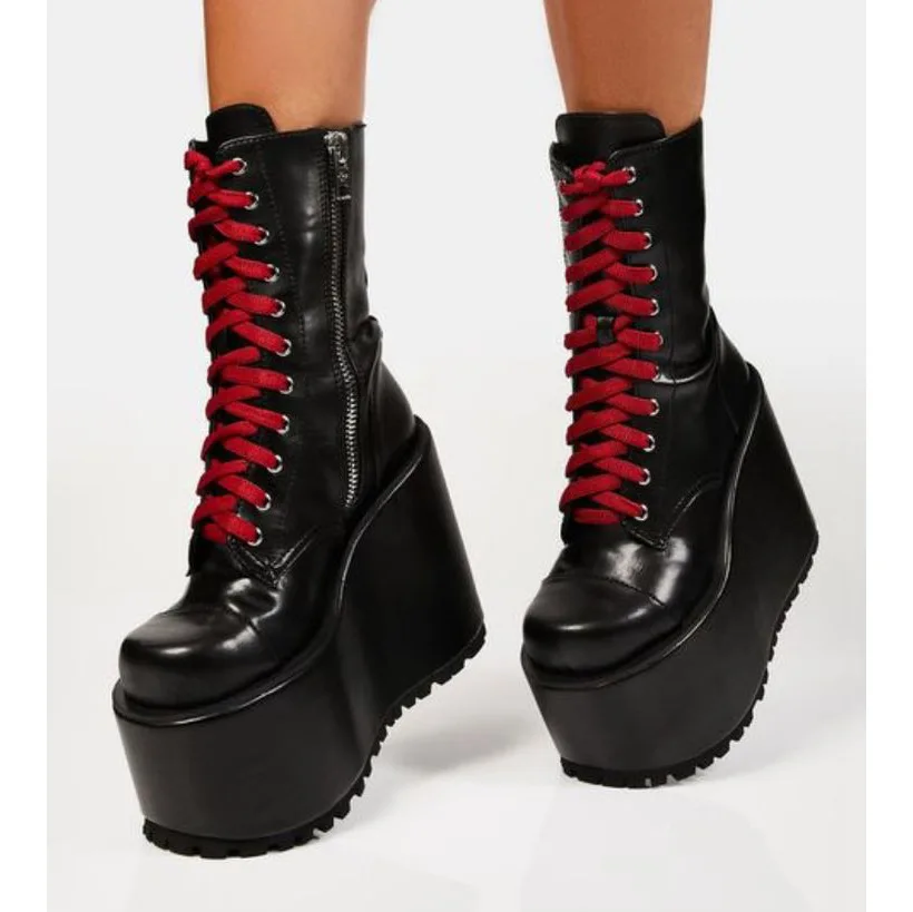 

Женские ботинки Лолиты на платформе с круглым носком до середины икры в стиле панк, туфли на танкетке и высоком каблуке с боковой молнией, большие размеры, обувь по индивидуальному заказу