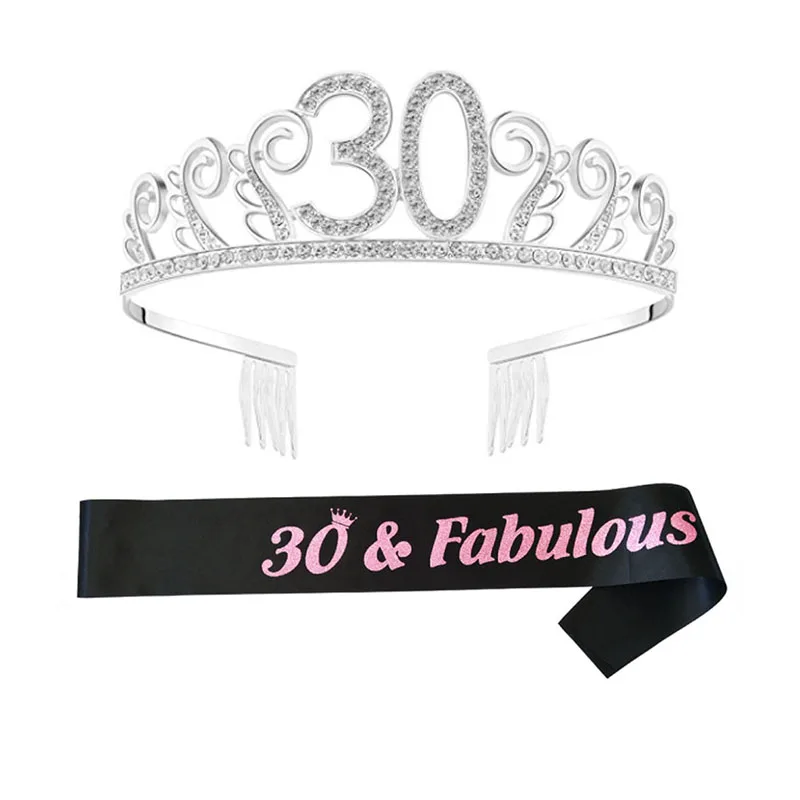 60th Adult Princess Crown Sash Sparkly Metal Headdress Pink Satin Sash Decorations 60th Birthday Cake Topper