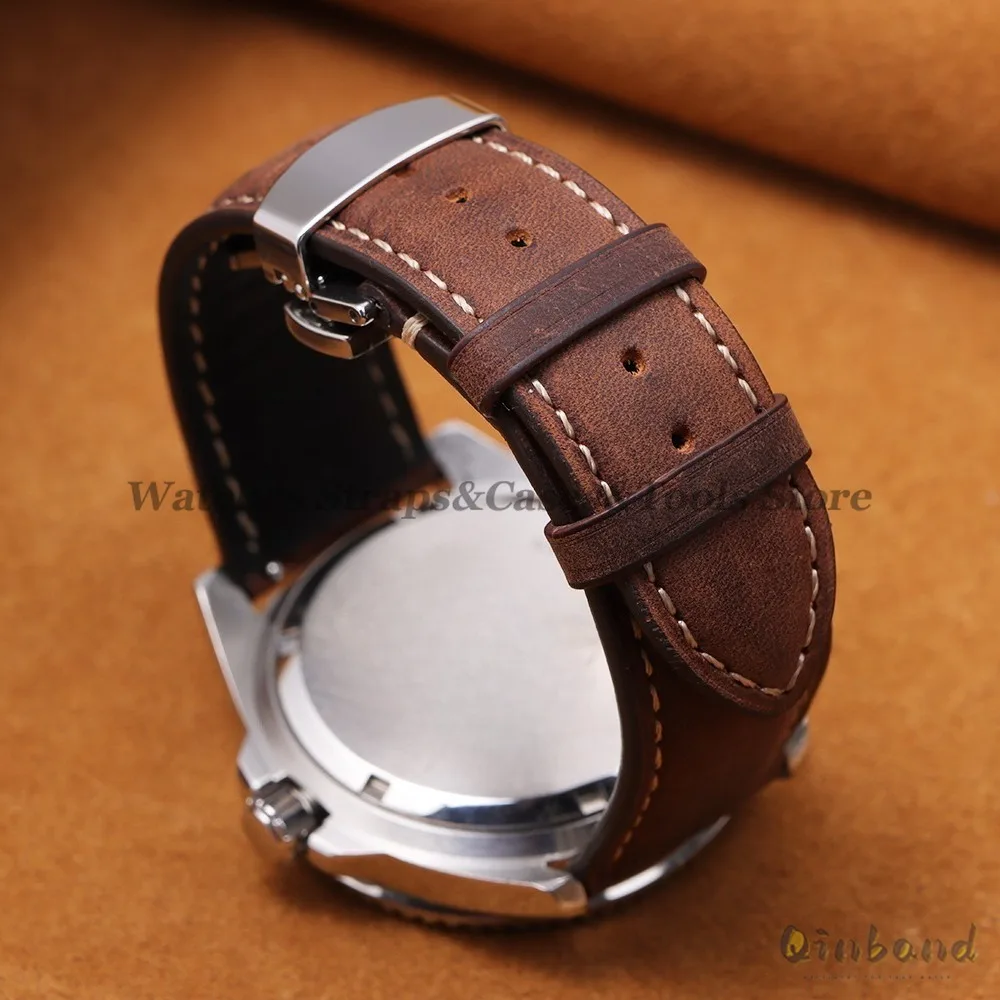 Genuine Cowhide Leather Band for Omega Business Watch Band for Seiko 14/16/18/20/22/24mm Butterfly Buckle Stitching Brown Straps image 5