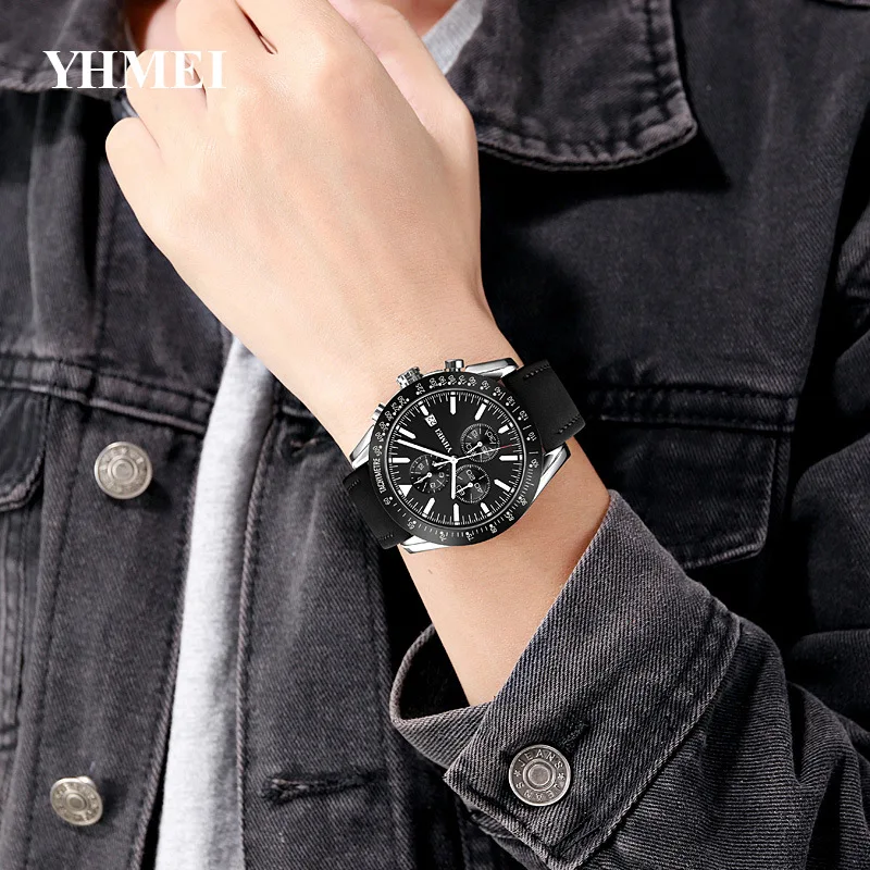 Fashionable Casual Men's Watch with Leather Strap, Six-Needle Sub-Dial, Calendar, Water-Resistant Quartz Wristwatch