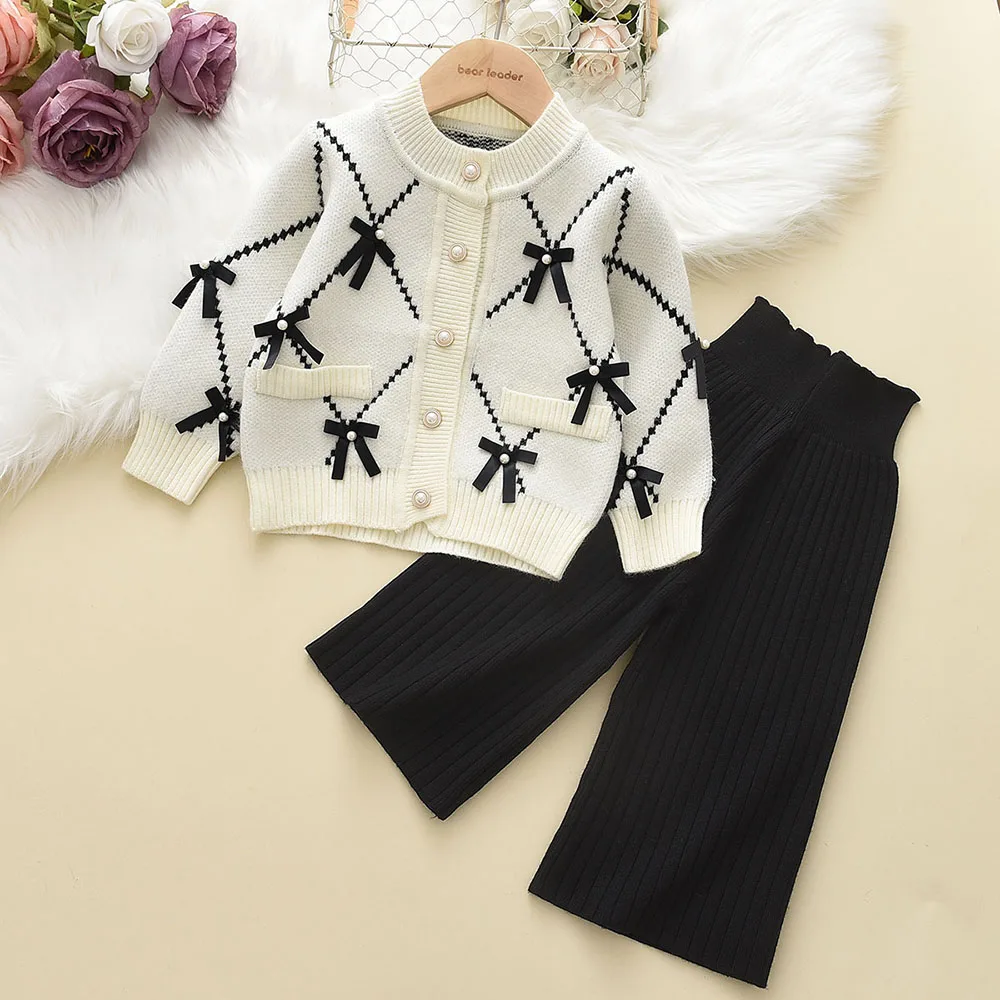 2023 New Bow Baby Sweatshirt + Pants 2pcs Set New Children Knitting Outfit for 2-6Years Kids Tracksuit Winter Girls Clothes