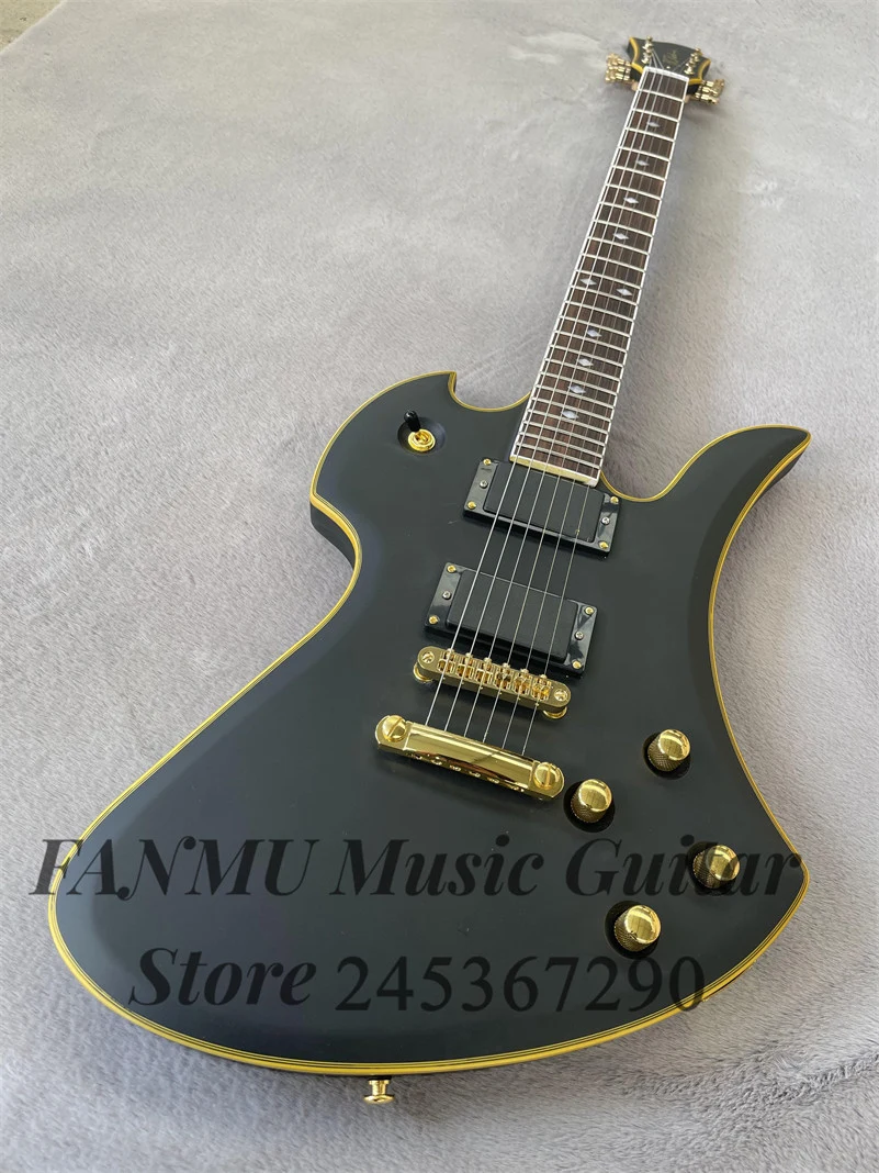 Matte black electric guitar Yellow binding Rosewood fingerboard diamond Mosaic fixed bridge closed pickup Gold  special tuner