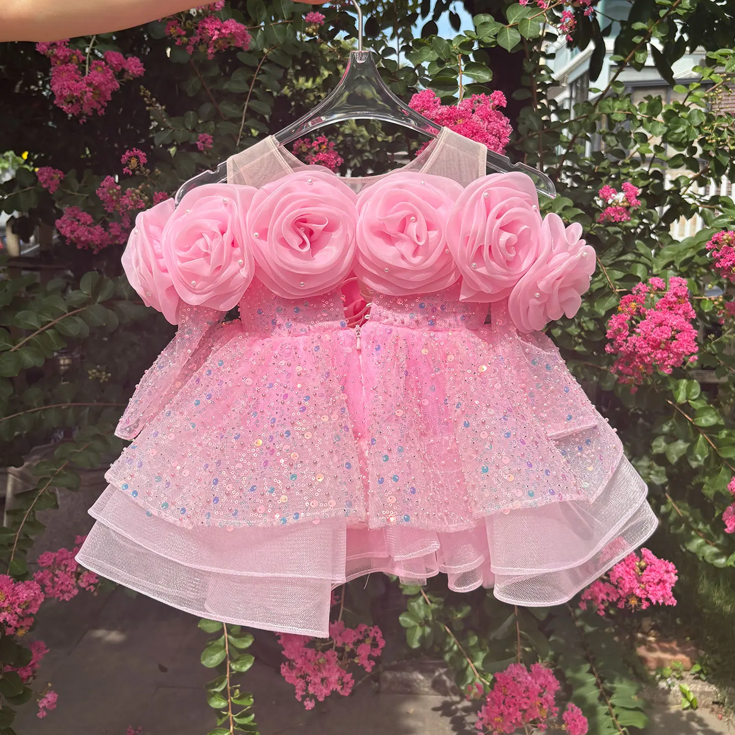 Jill desejo d099 luxo flor menina vestido de renda manga longa princesa criança crianças casamento 1st aniversário pageant festa vestido baile